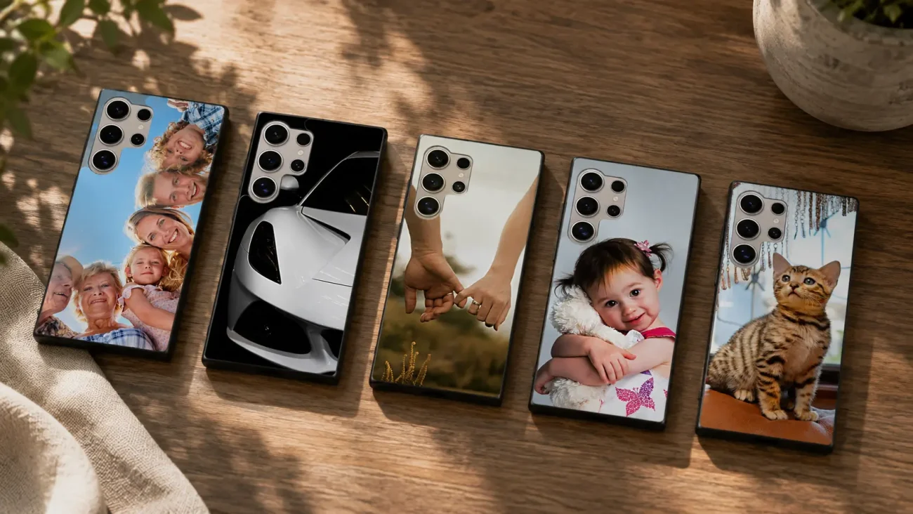 Personalizirani ovitki za Samsung Galaxy S24 Ultra | Poceni-Ovitki.si Six smartphones on a wooden table, each with a personalized photo back (family, car, hands, child, cat).
