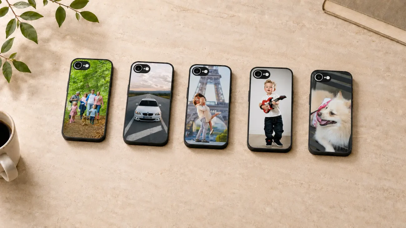 Personalizirani ovitki za iPhone 17e | Poceni-Ovitki.si Five phones with custom photo cases laid on a beige surface: a family, a car on a road, a couple kissing near the Eiffel Tower, a child with a guitar, and a white dog.