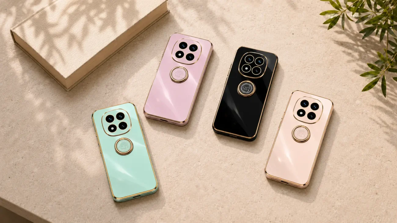 Top-down view of four pastel smartphones with triple-camera backs and circular ring mounts on a beige surface.