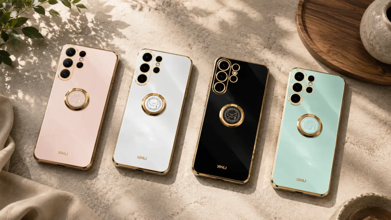Platinum Ring ovitki za Samsung Galaxy S24 Ultra | Poceni-Ovitki.si Four luxury smartphones in pastel to black colors laid side by side on a stone surface, each with a gold ring stand on the back. The brand reads XINLI at the bottom.