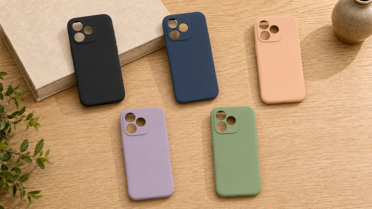 PremiumMAT Ovitki za Honor 600 Lite | Poceni-Ovitki.si Six color silicone iPhone cases laid out on a wooden desk, each with a square triple-camera cutout in the top left corner.