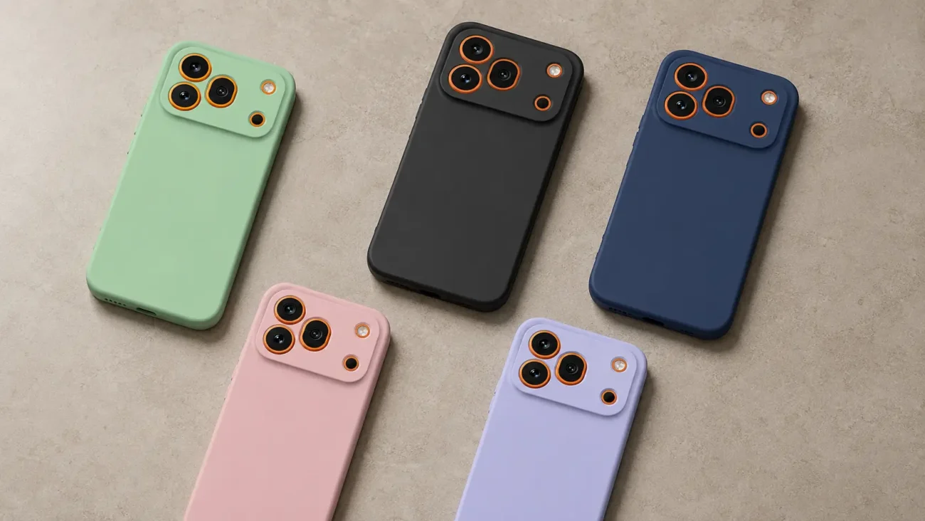 Six smartphones in pastel and dark colors laid on a neutral surface, showing rear camera modules with orange rings.