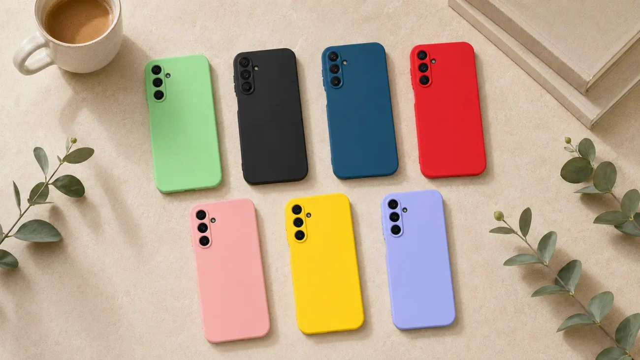 Eight smartphones in pastel colors arranged on a beige surface beside a mug and leafy sprigs.