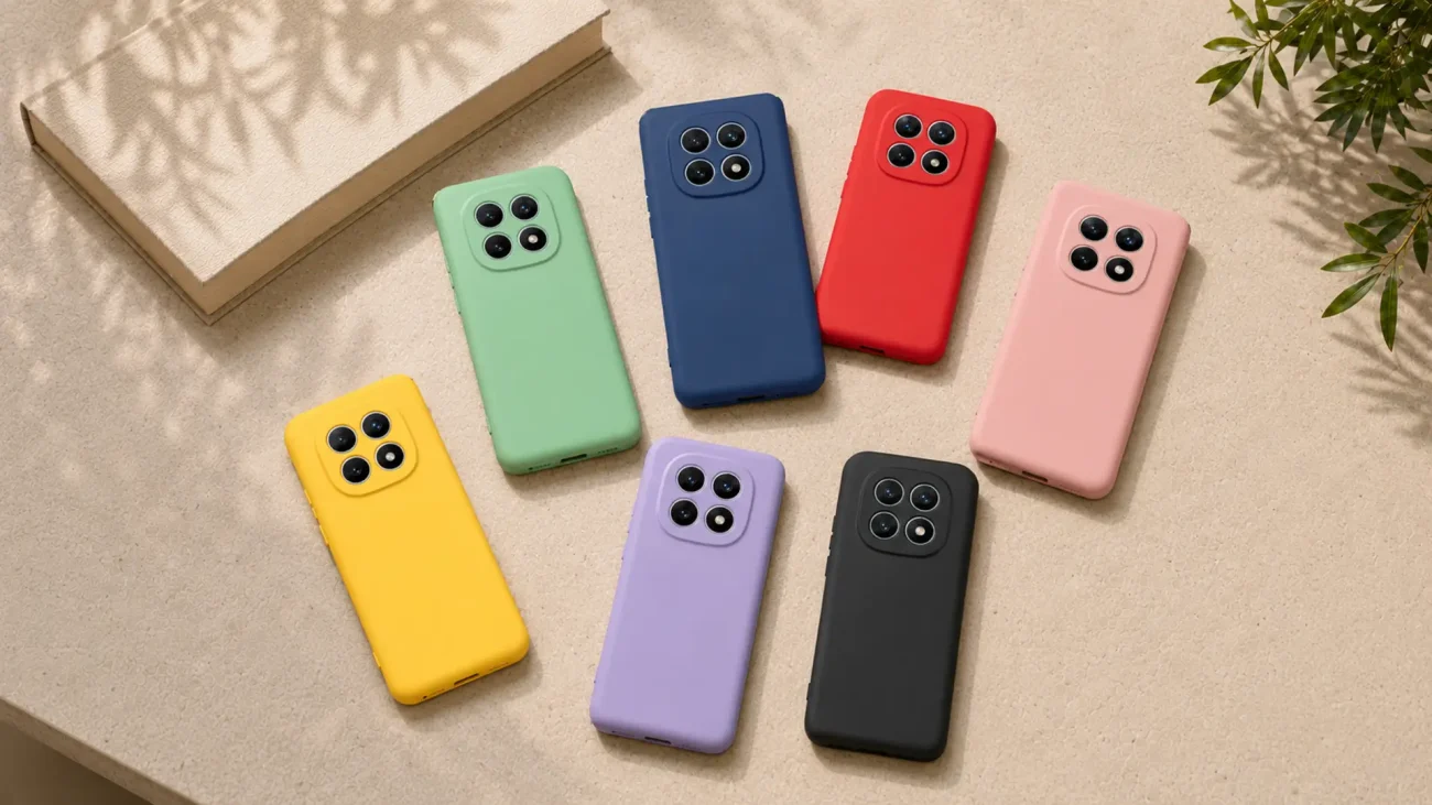 Eight colorful smartphone cases arranged on a beige surface, each showing a four-camera phone back.