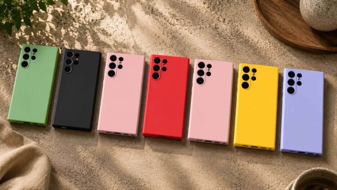 PremiumMAT ovitki za Samsung Galaxy S24 Ultra | Poceni-Ovitki.si Row of seven colorful smartphones on sandy surface, showing rear camera modules at the top-left corner of each phone.