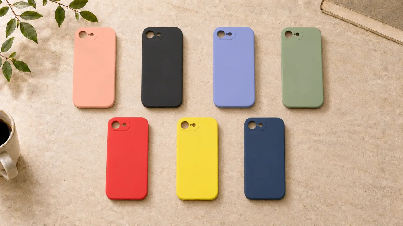 PremiumMAT ovitki za iPhone 17e | Poceni-Ovitki.si Row of pastel-colored smartphone cases on a beige tabletop with a coffee mug and plant nearby.