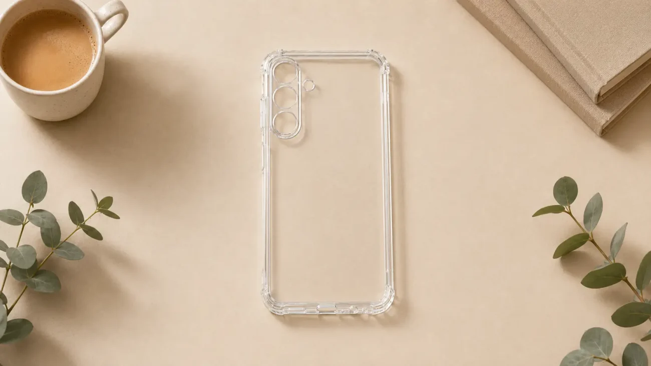 Clear transparent smartphone case on a pale beige surface, with a coffee mug, stacked books, and eucalyptus sprigs nearby (product photo).
