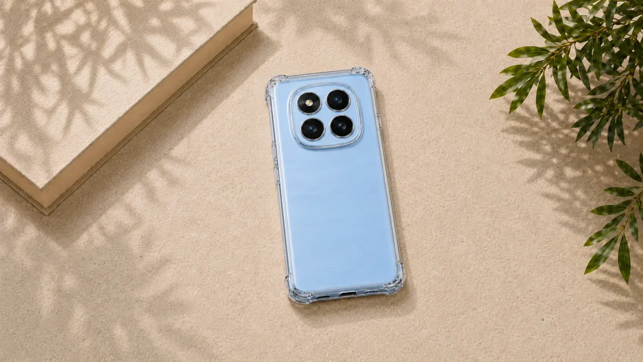 Blue smartphone with a clear protective case lying on a beige textured surface near a book and plant shadows.