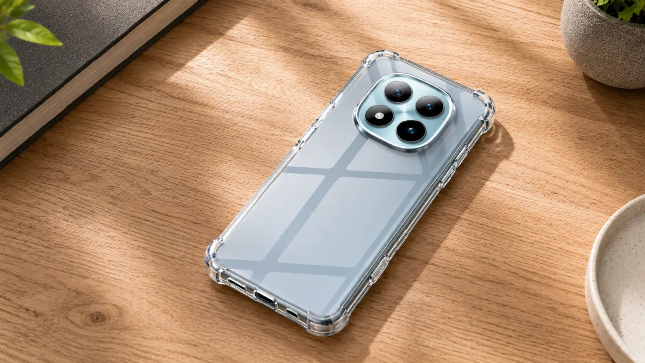 Prozoren ovitek za Xiaomi Redmi Note 15 Pro 5G | Poceni-Ovitki.si Back of a smartphone in a clear case resting on a wooden desk, quad-camera module visible on the top side.