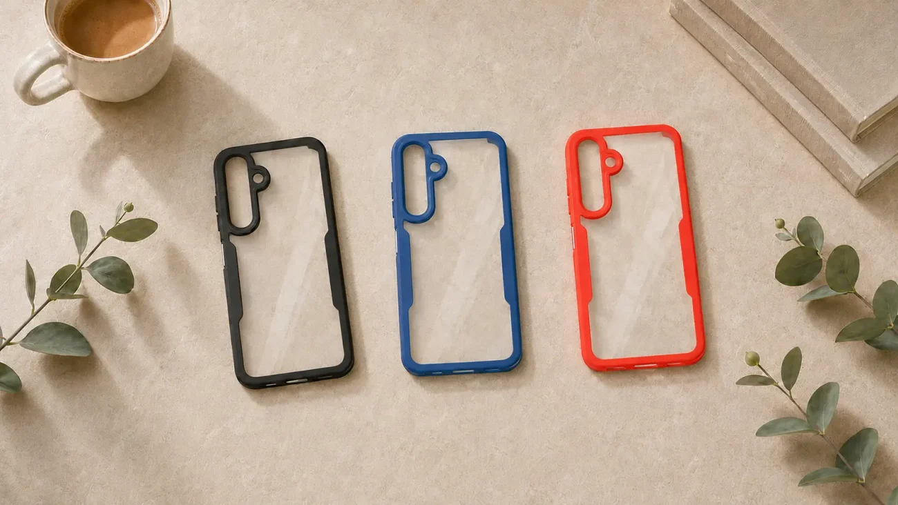 Three smartphone cases in black, blue, and red laid out on a beige surface with a coffee cup and stacked books nearby.