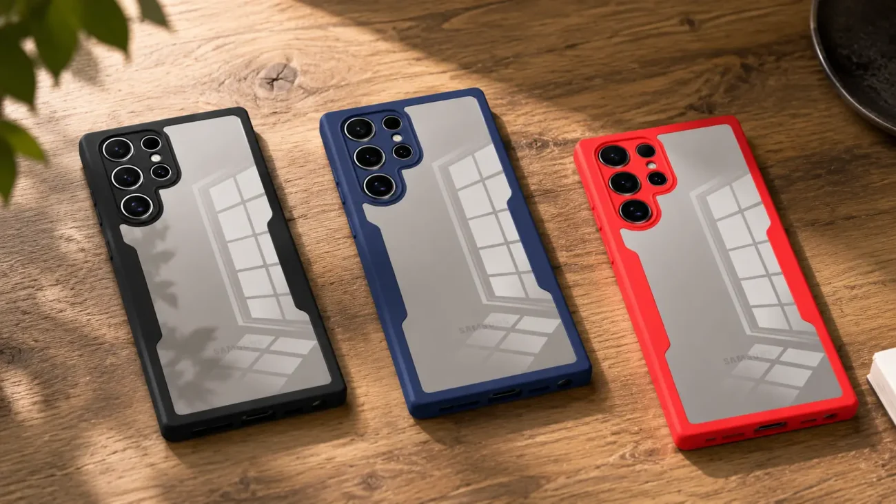 Shield ovitki za Samsung Galaxy S24 Ultra | Poceni-Ovitki.si Three smartphones with black, blue, and red rugged cases laid on a wooden table, their back panels reflecting a window.