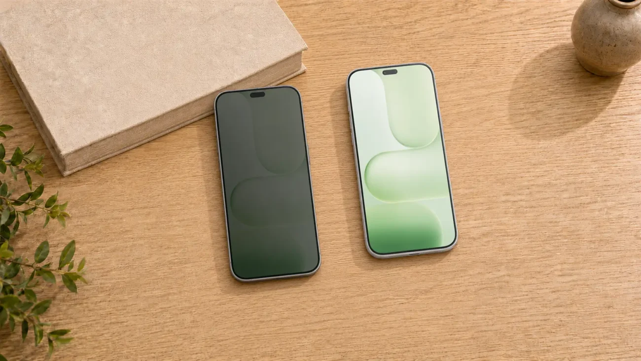 Zaščitna stekla za Honor 600 Lite | Poceni-Ovitki.si Two smartphones with edge-to-edge screens sit on a wooden desk next to a beige textured book and a ceramic vase.