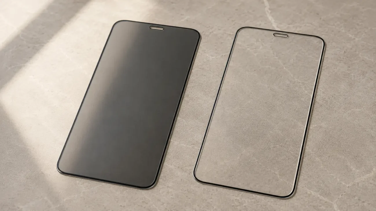 Two smartphones on a gray surface, one with the screen off and a clear tempered glass screen protector beside it.