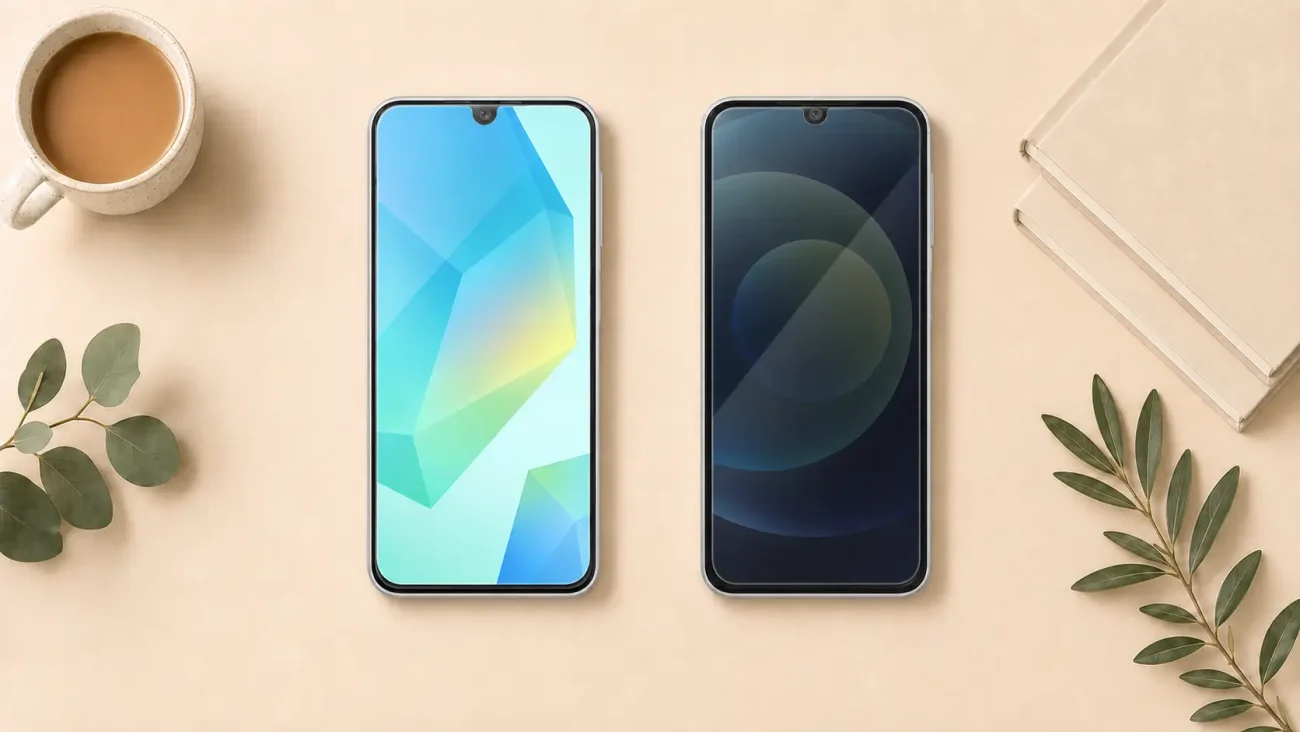 Two smartphones laid flat on a beige desk, with a coffee mug on the left and green leaves nearby for a lifestyle shot.
