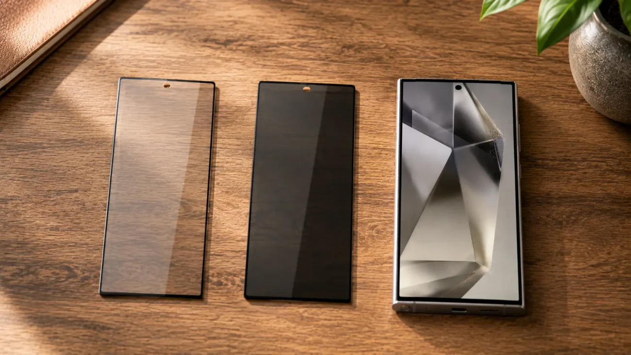 Zaščitna stekla za Samsung Galaxy S24 Ultra | Poceni-Ovitki.si Three smartphones on a wooden table; two have dark screens off, one sits inside its box with a geometric wallpaper; plant in the top-right corner.