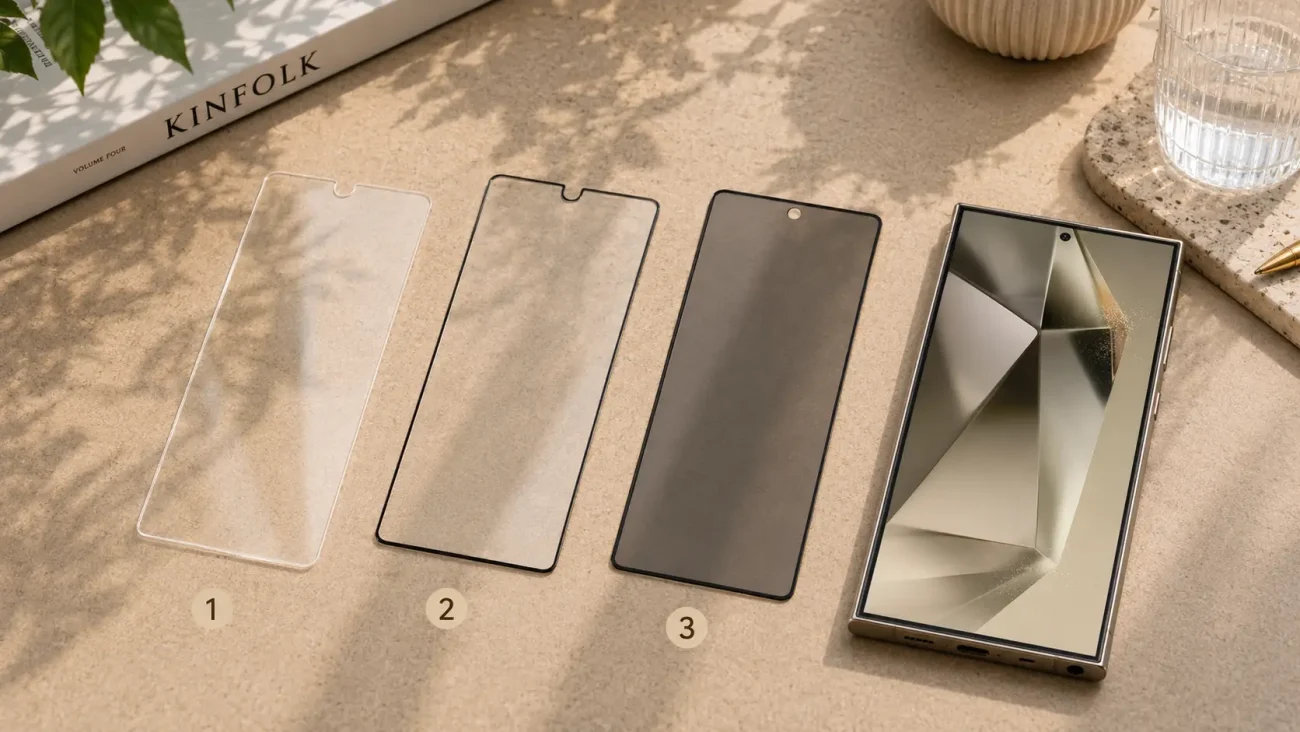 Smartphone with geometric wallpaper on the right; four screen protectors labeled 1–4 laid out on a beige surface.