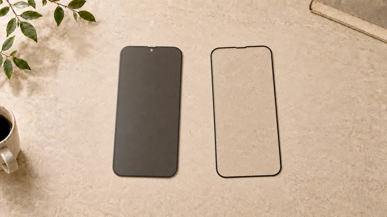 Zaščitna stekla za iPhone 17e | Poceni-Ovitki.si Smartphone with screen off next to a clear protective screen frame on a beige tabletop, with a coffee mug and plant nearby.