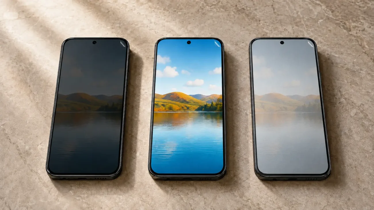 Three smartphones lying on a beige surface, center phone showing a bright landscape of a lake and hills while the side phones are off or dimmed