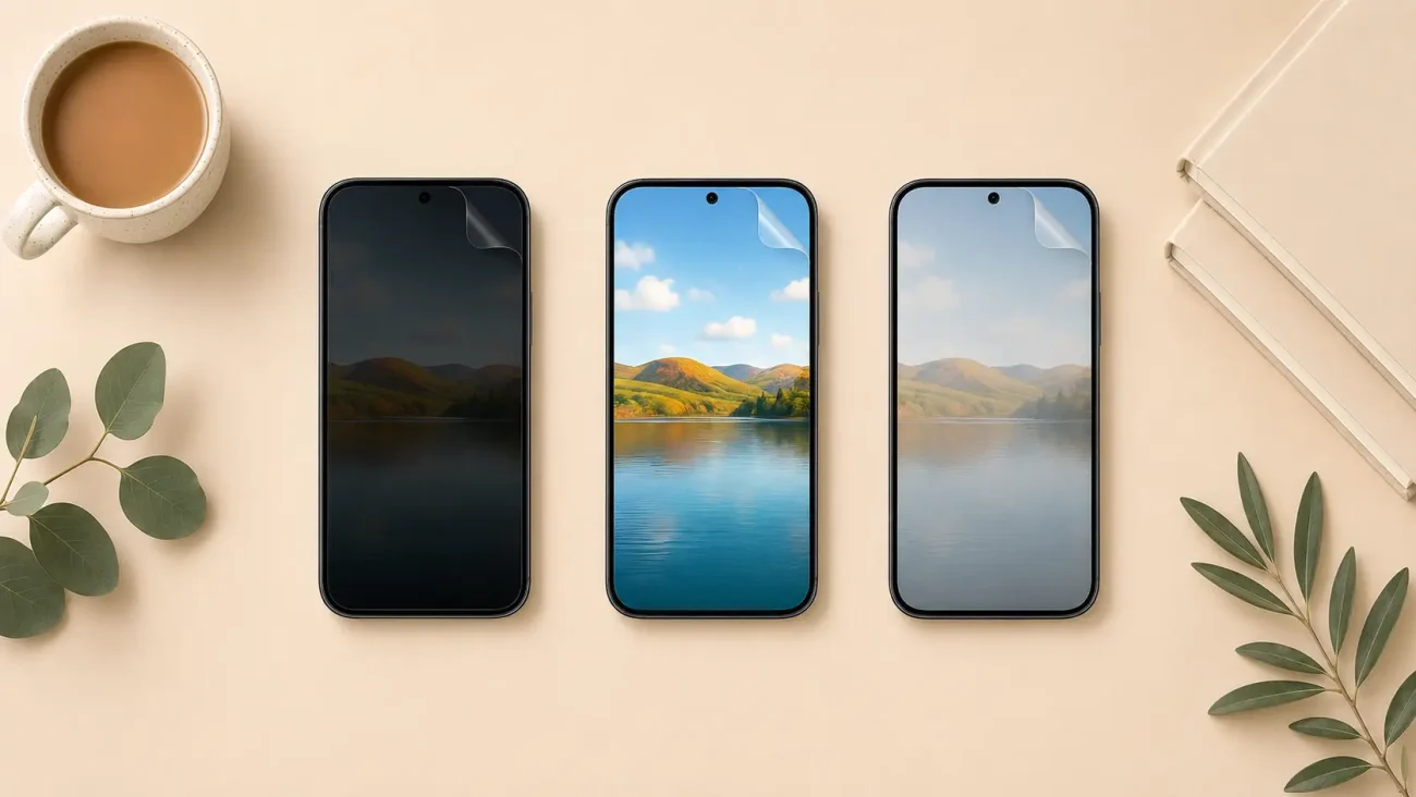 Three smartphones lined up on a beige surface, each displaying a different landscape image on its screen; a cup and green leaves are nearby.