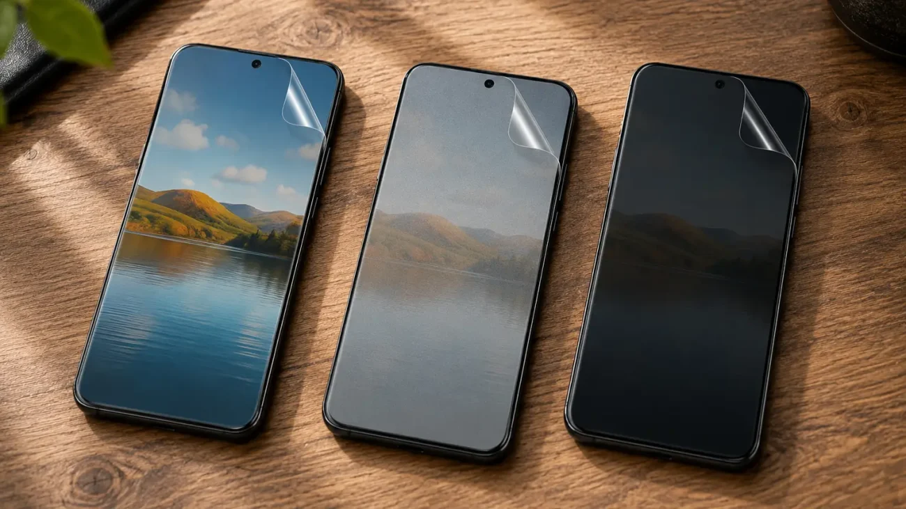 Zaščitne folije za Samsung Galaxy S24 Ultra | Poceni-Ovitki.si Three smartphones lie on a wooden table with peeled-back screen protectors at the top-right corner; left phone shows a lake and hills wallpaper on its screen.