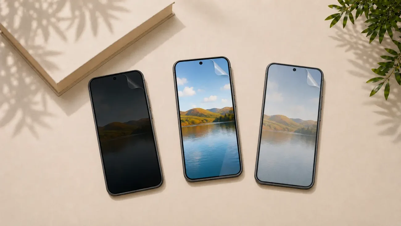 Three smartphones arranged diagonally on a beige surface, each showing a landscape wallpaper on its screen (center screen features a lake and hills).