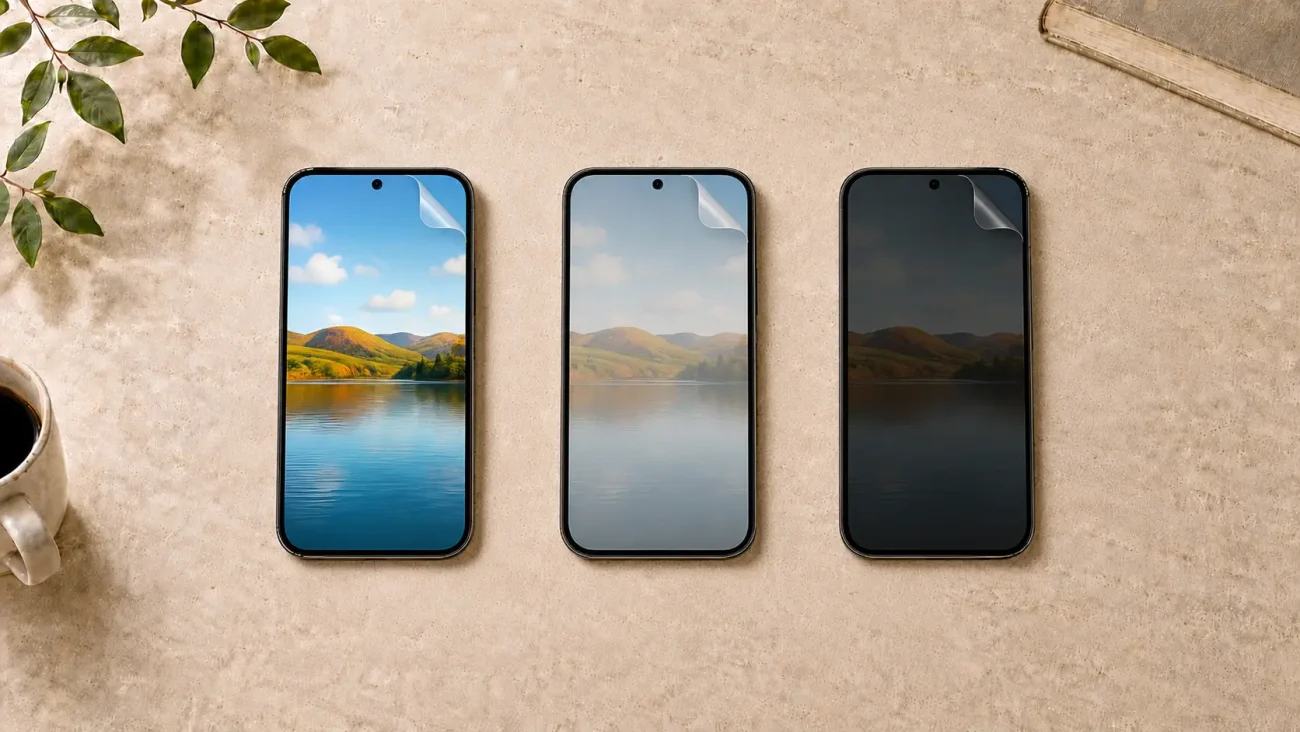 Zaščitne folije za iPhone 17e | Poceni-Ovitki.si Three smartphones lined up on a beige textured surface, each displaying a lake-and-hills wallpaper with a peeled screen corner sticker on top left of the display edge.