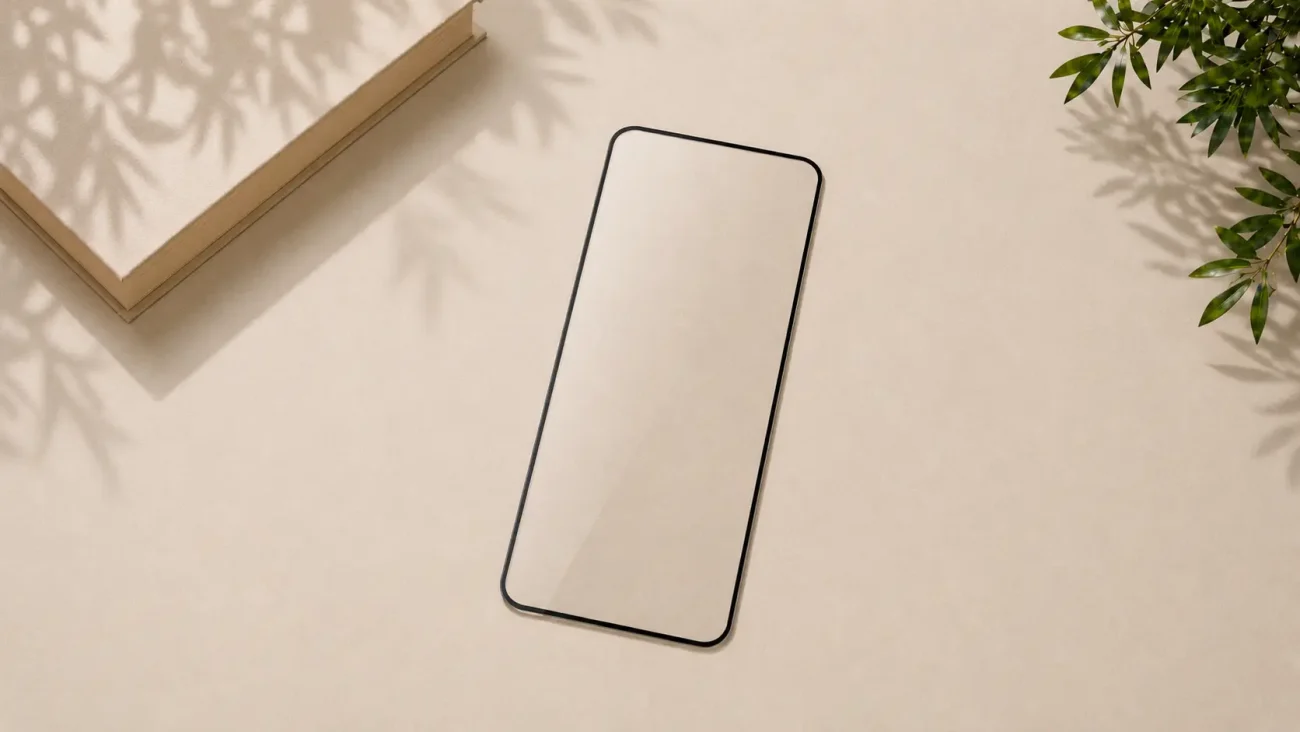 Slim smartphone with blank screen on a beige tabletop, with plant shadows and a wooden block in the corner.