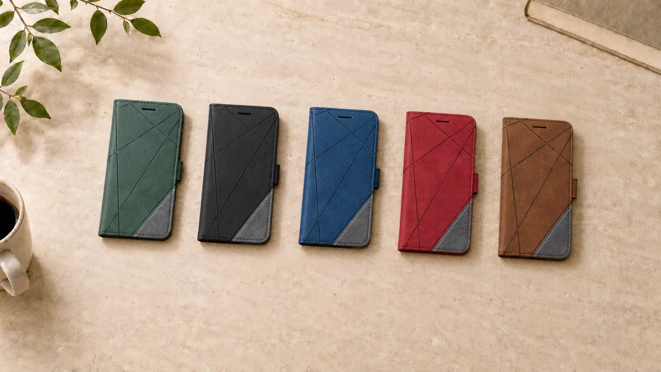 flip line torbice za iPhone 17e | Poceni-Ovitki.si Five geometric-patterned wallet folio cases in green, black, blue, red, and brown lined up on a beige desk surface with a plant and mug nearby