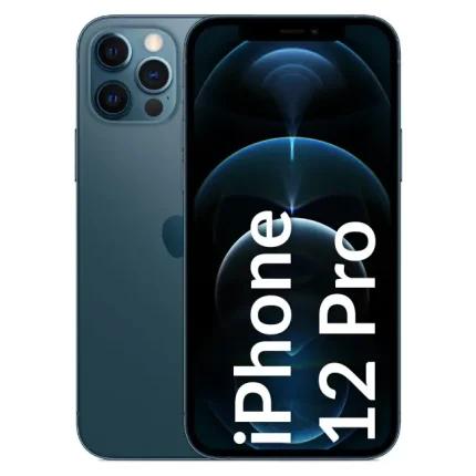 Blue iPhone 12 Pro displayed from front and back, highlighting the triple-camera rear system.