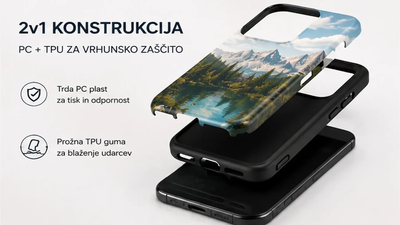 Dvodelno zaščitno ohišje za telefon (PC+TPU) z motivom gorske krajine (drevesa, jezero) na zgornji plasti, postavljeno nad telefonom.