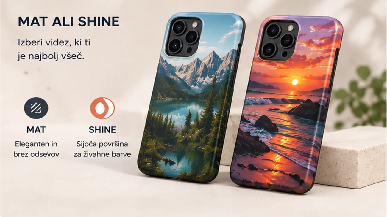 Three smartphones with nature-themed cases (mountains and sunset) leaning on a light surface, advertising MAT and SHINE finishes in a product banner.