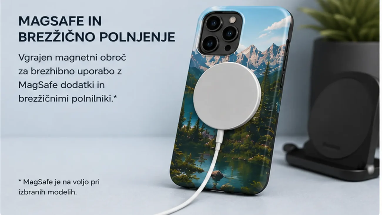 iPhone with MagSafe charger attached to a scenic mountain‑print case; advertisement text about MagSafe wireless charging on the left.