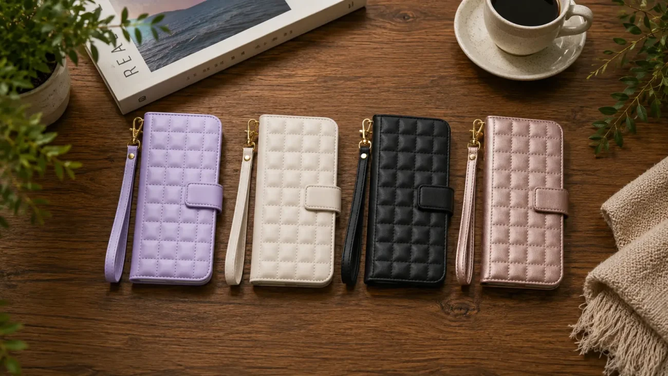Coushin Torbice za Honor 400 Lite | Poceni-Ovitki.si Five quilted phone wallet cases with attached straps in lavender, ivory, cream, black, and pink, laid in a row on a wooden table beside a coffee cup and a book.