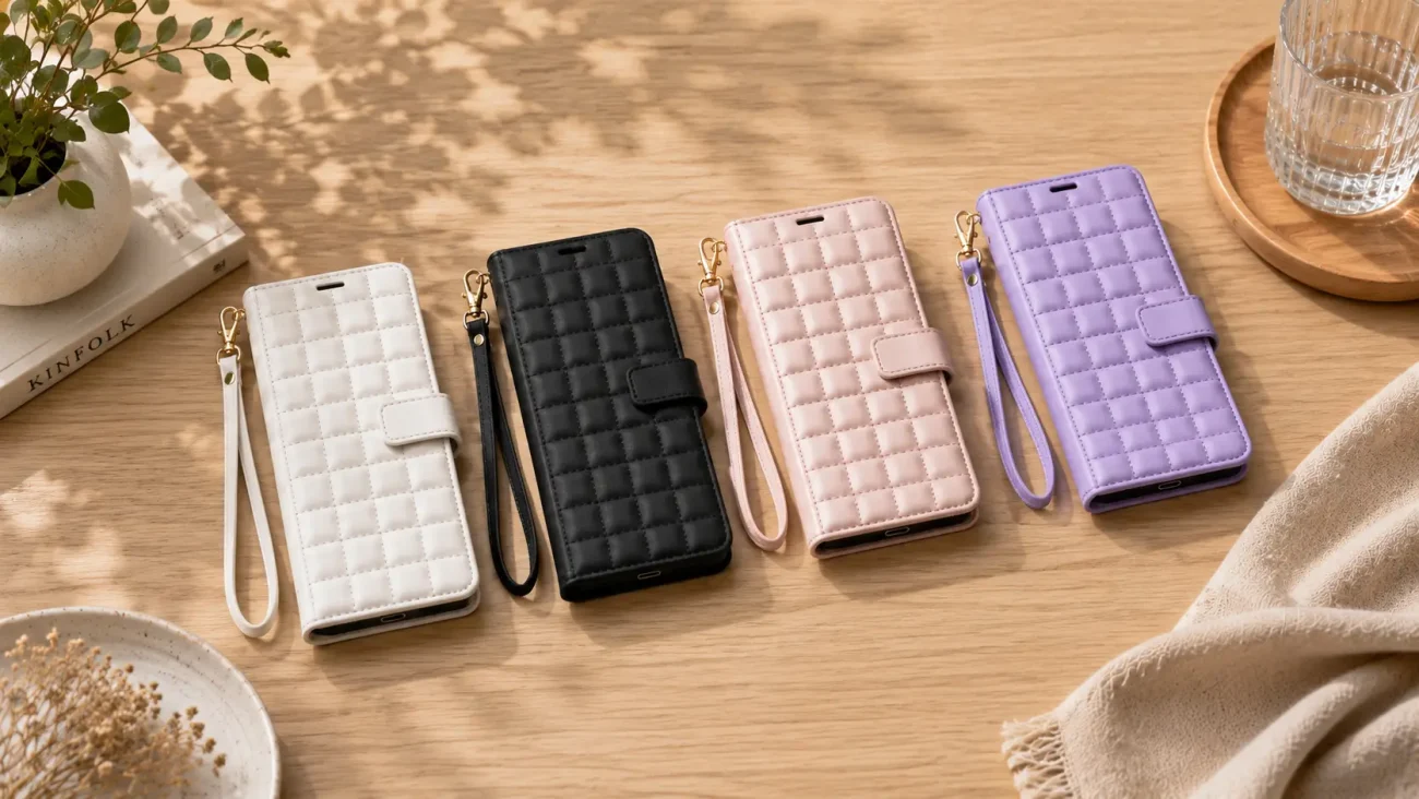 Coushin Torbice za Samsung Galaxy A26 5G | Poceni-Ovitki.si Five quilted wallet-style phone cases with wrist straps in white, black, blush pink, light pink, and lilac laid on a wooden table.