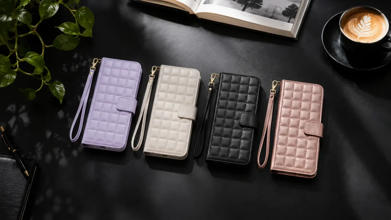 Row of quilted phone wallet cases in pastel colors (lavender, beige, black, pink) on a dark table with a plant and a cup of coffee nearby.