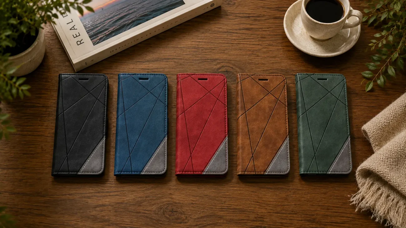 Flip Line Torbice za Honor 400 Lite | Poceni-Ovitki.si Five diagonal-stitched leather phone wallet cases in black, blue, red, brown, and green arranged on a wooden table beside a coffee cup and potted plants.