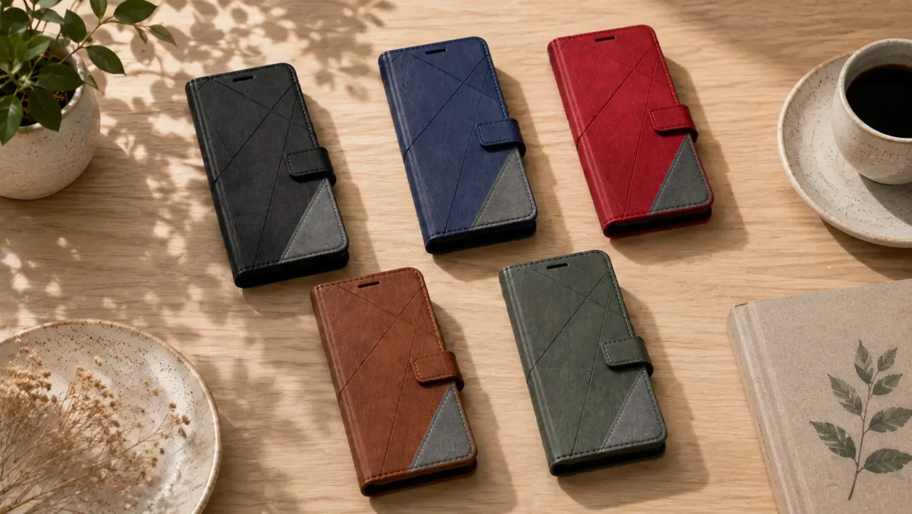 Flip Line Torbice za Samsung Galaxy A26 5G | Poceni-Ovitki.si Six wallet-style phone cases in black, blue, red, brown, and gray arranged on a light wooden table beside a coffee cup and plant.
