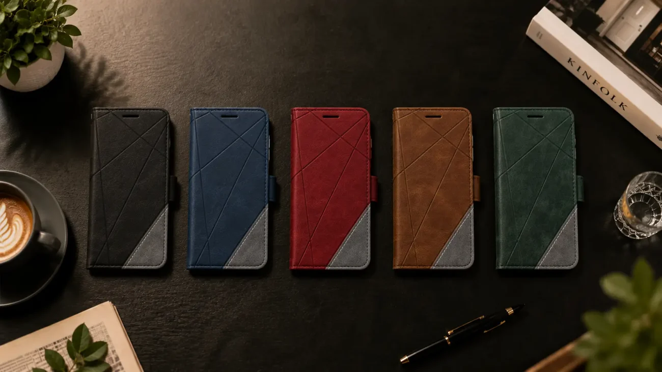 Five leather wallet-style phone cases in black, blue, red, brown, and green laid in a row on a dark desk.