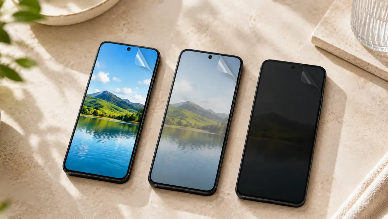 Folije za Samsung Galaxy A27 5G | Poceni-Ovitki.si Three smartphones lined up on a beige surface, each displaying a lake-and-m mountain landscape wallpaper on their screens.