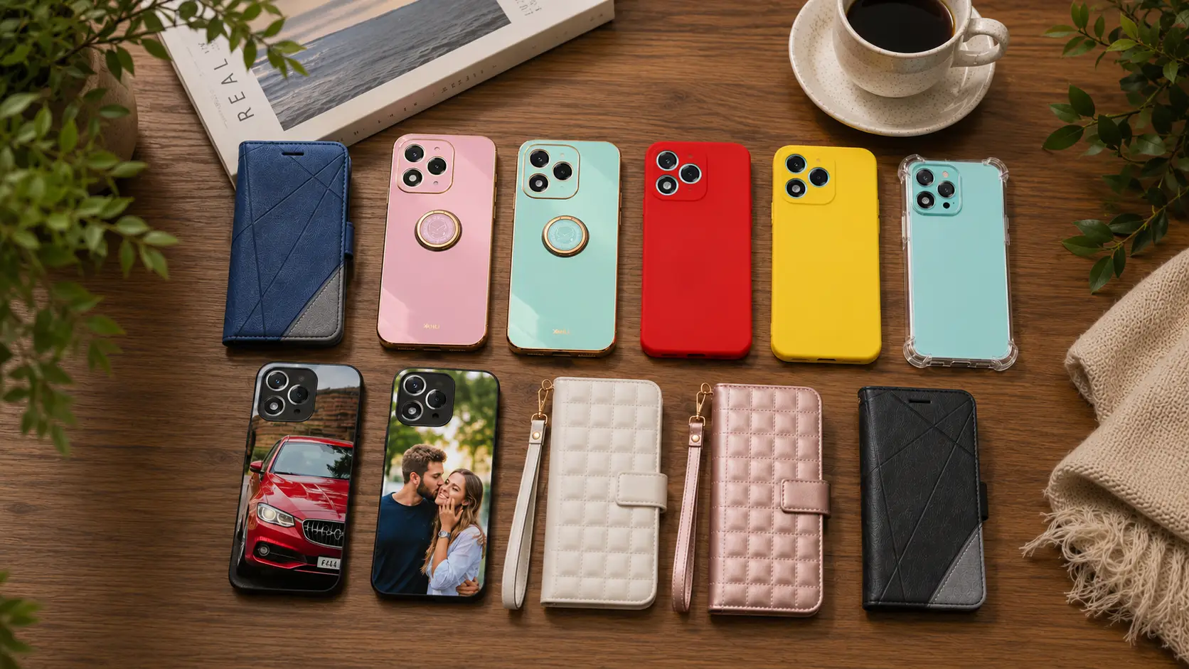 Ovitki za Honor 400 Lite | Poceni-Ovitki.si Row of colorful phone cases in pink, mint, teal, red, yellow, and turquoise on a wooden table next to a coffee cup and plants.