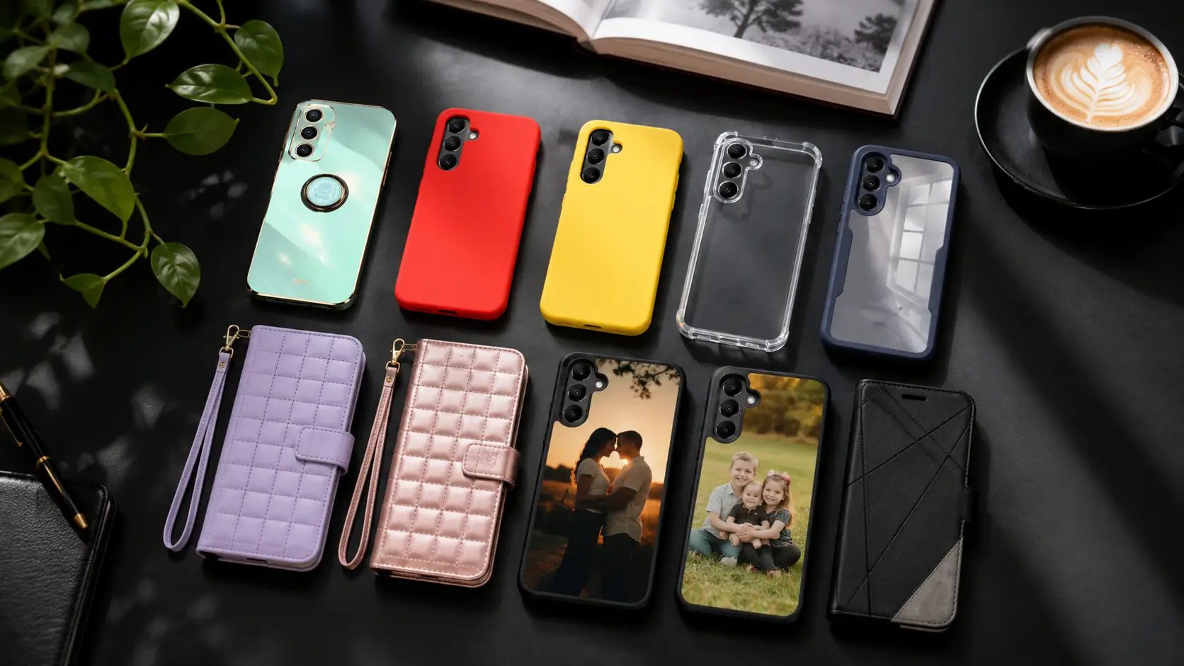 Flat lay of multiple smartphones with colorful protective cases on a dark desk; some phones display photos, beside a plant and a cup of latte in the corner.