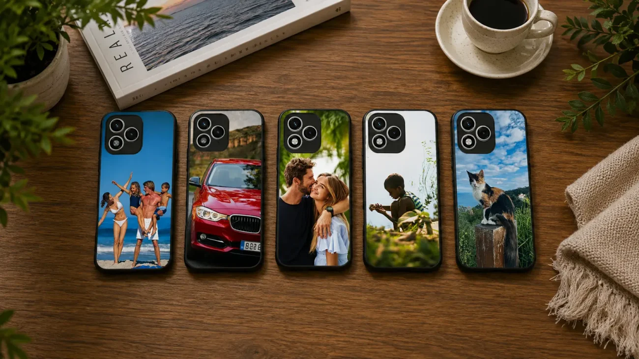 Personalizirani Ovitki za Honor 400 Lite | Poceni-Ovitki.si Five phone cases laid on a wooden table, each featuring a different personal photo: a beach family, a red car, a couple embracing, a child, and a cat on a post.