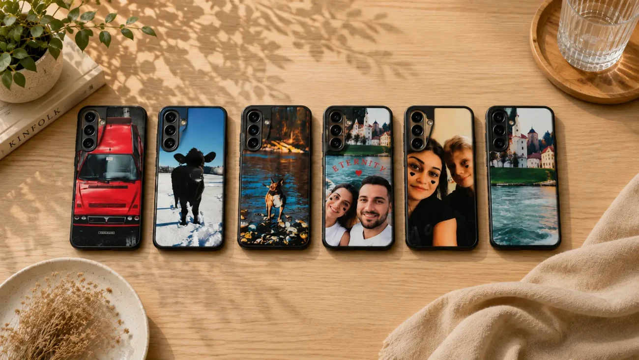 Personalizirani Ovitki za Samsung Galaxy A26 5G | Poceni-Ovitki.si Row of six smartphone cases with personalized photos on a wooden table (truck, cow in snow, dog by water, couple selfie, two friends, riverside town)