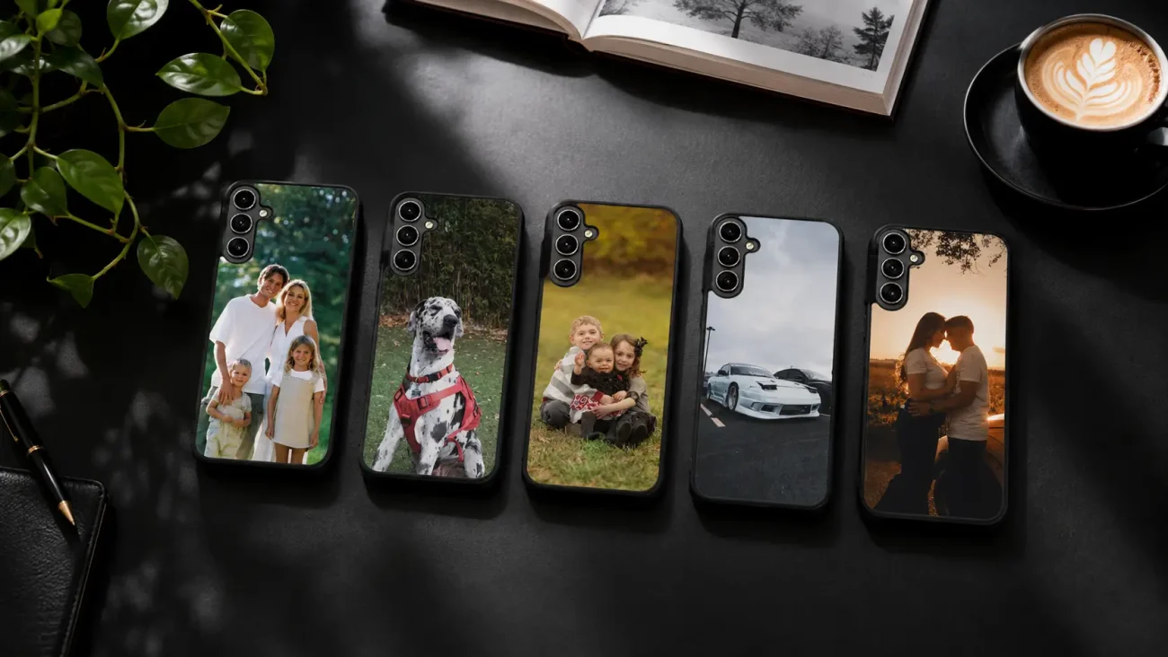 Five smartphones in a row on a dark table, each with a custom photo case (family, dog, kids, car, couple at sunset).