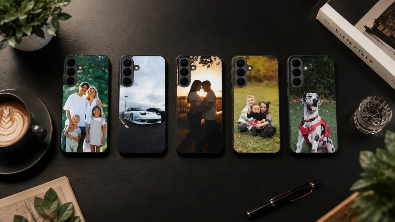 Phone case with a family portrait outdoors (two adults and three children).Phone case showing a white sports car parked on a dark road.Phone case of a couple kissing at sunset. Phone case with two children hugging in a park. Phone case featuring a Dalmatian dog wearing a red harness. Six phones laid out on a dark desk, each with a personalized photo case.