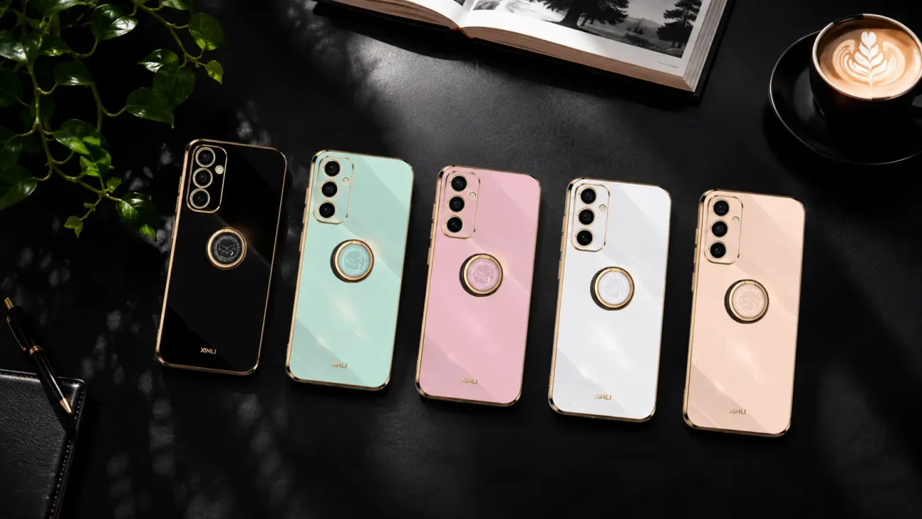 Row of five glossy smartphones in black, mint, pink, white, and peach gold lined up on a dark desk with a plant and coffee nearby.