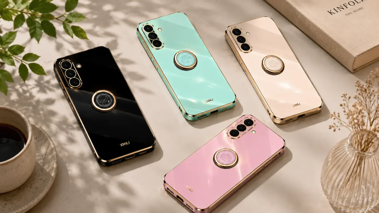 Platinum Ring ovitki za Samsung Galaxy A26 5G | Poceni-Ovitki.si Five glossy XANLI smartphones in black, mint green, beige, pink, and lavender with gold edges and ring stands on a pale table.