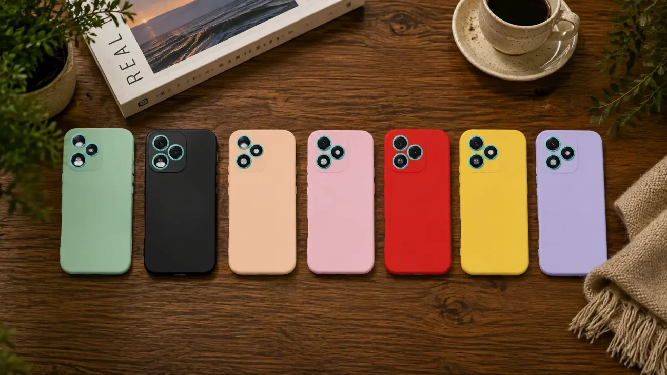 PremiumMAT Ovitki za Honor 400 Lite | Poceni-Ovitki.si Row of seven smartphones with pastel-colored cases on a wooden table, with a coffee mug and a book nearby.