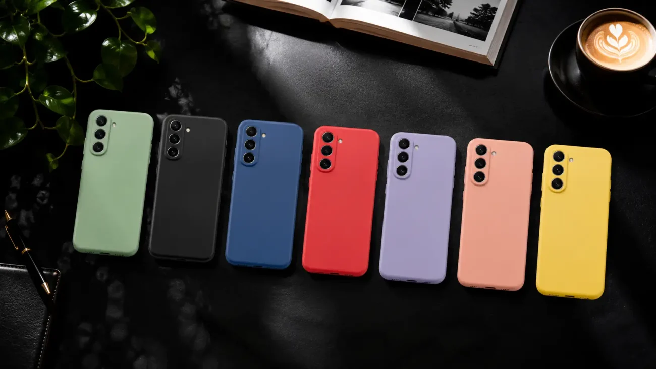 Row of seven colorful smartphones lined up on a dark surface with a plant and a latte nearby (green, black, blue, red, lavender, peach, yellow).