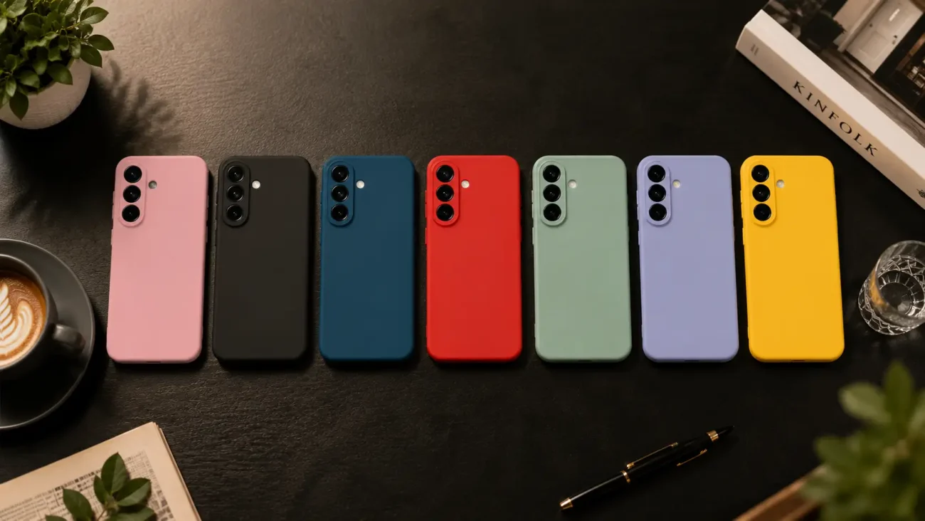 Row of seven colorful smartphones lined up on a dark desk (pink, black, blue, red, mint, lavender, yellow) with triple-camera backs.